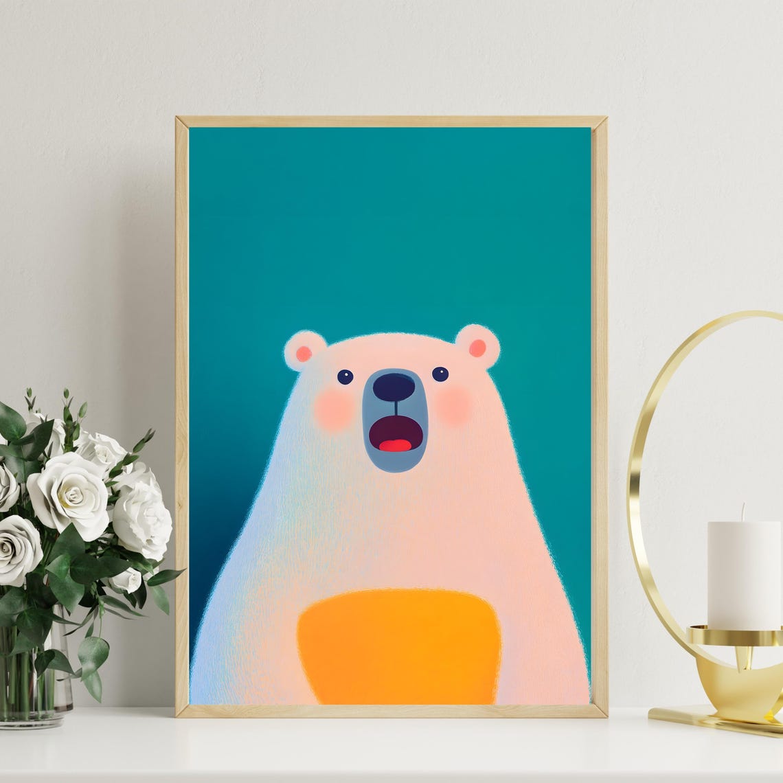 Happy White Polar Bear Portrait With Open Mouth Nursery Poster
