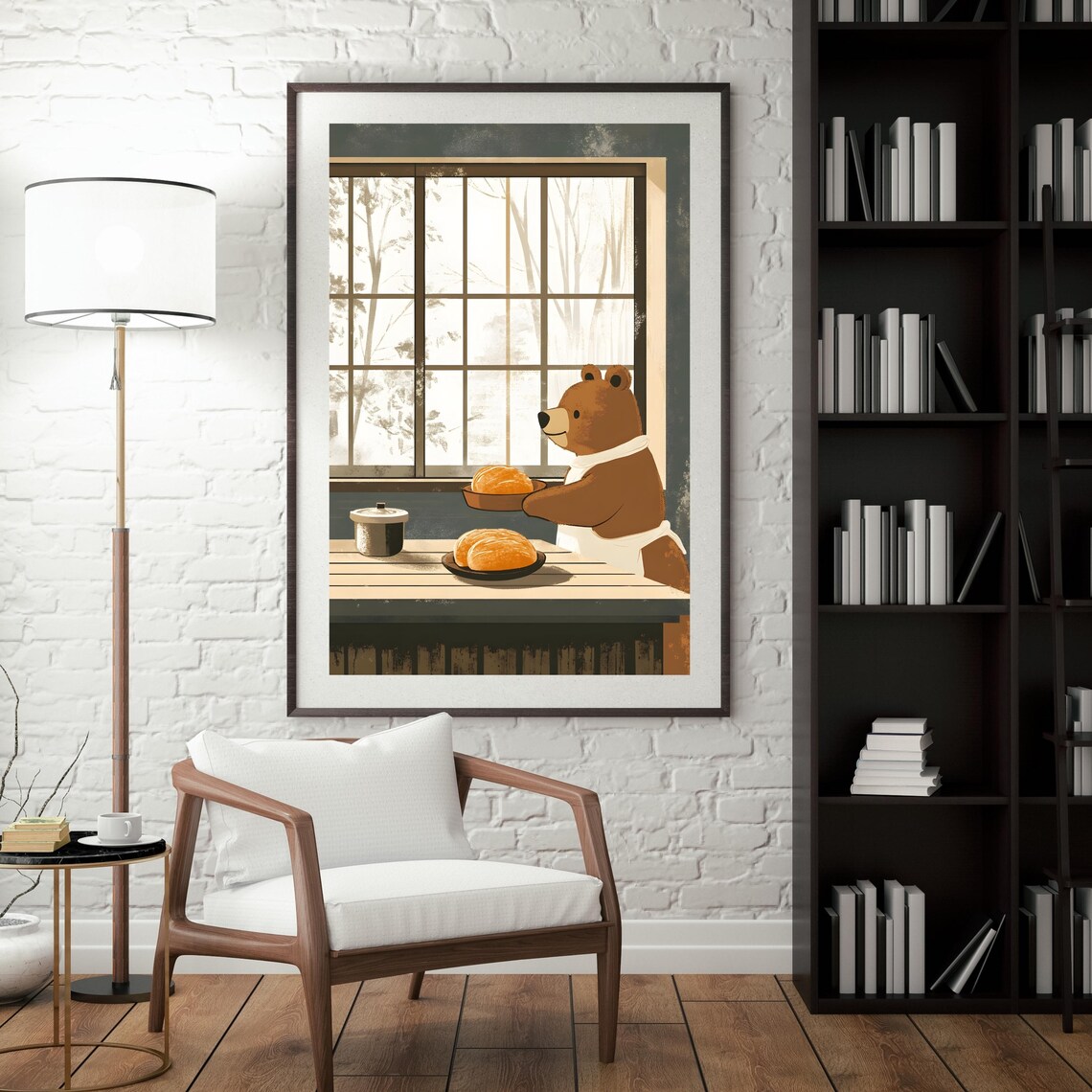 Gentle Brown Bear Baker Serving Fresh Bread Rolls at a Rustic Table Poster - Image 4