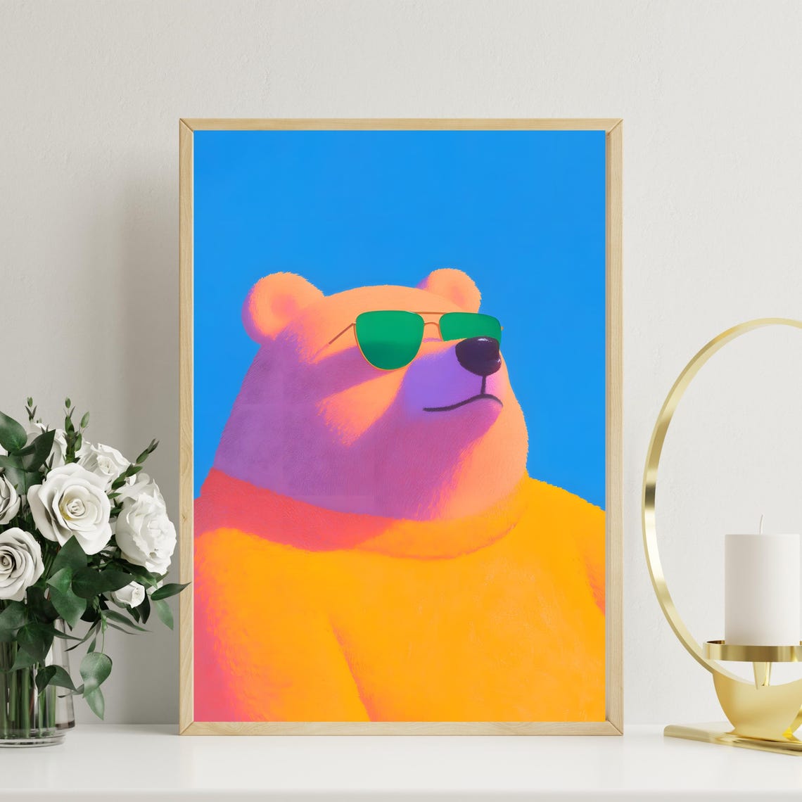 Cool Bear With Green Sunglasses Sunset Colors Fun Animal Poster