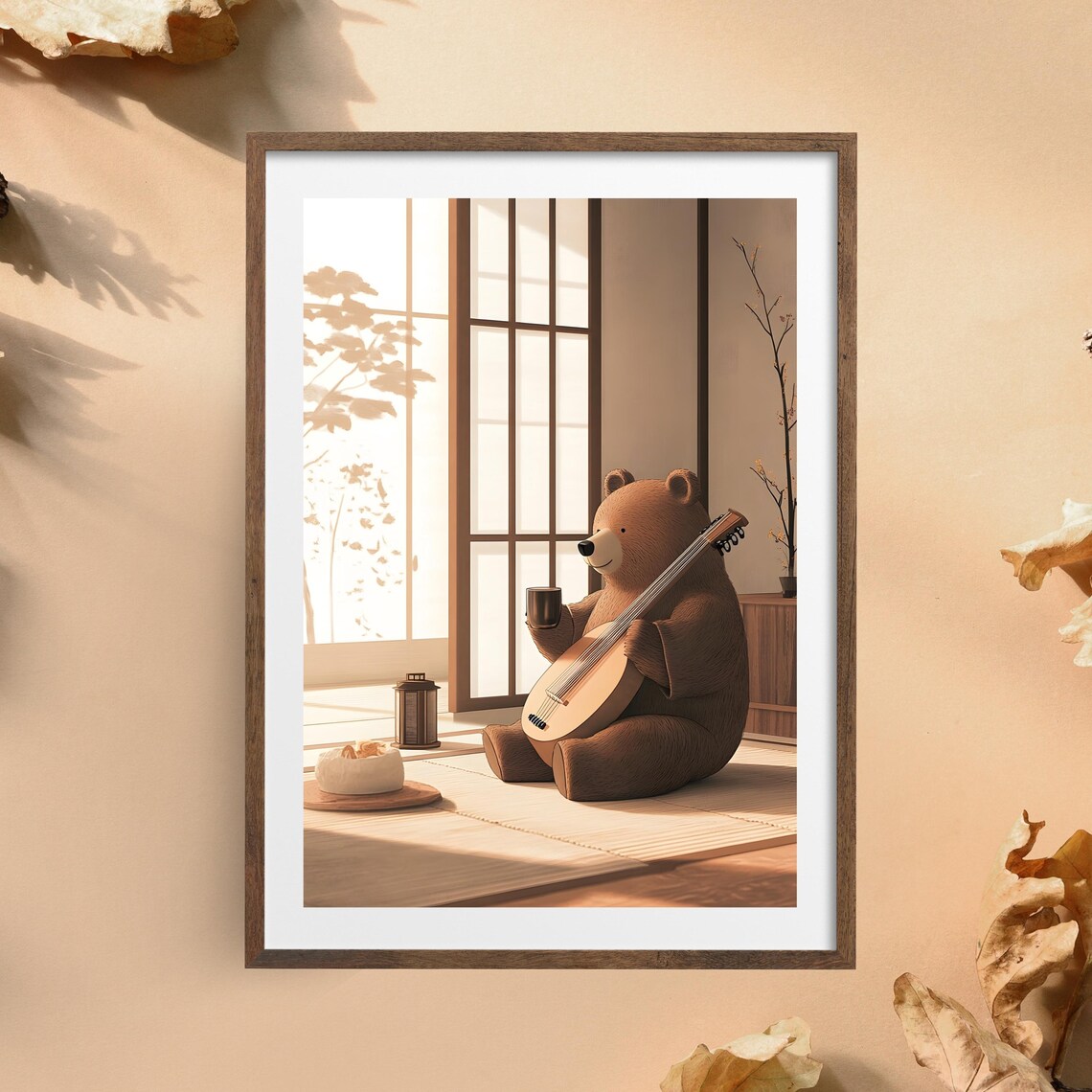 Cozy Bear Playing Lute Japanese Tea Room Relaxing Animal Art Poster
