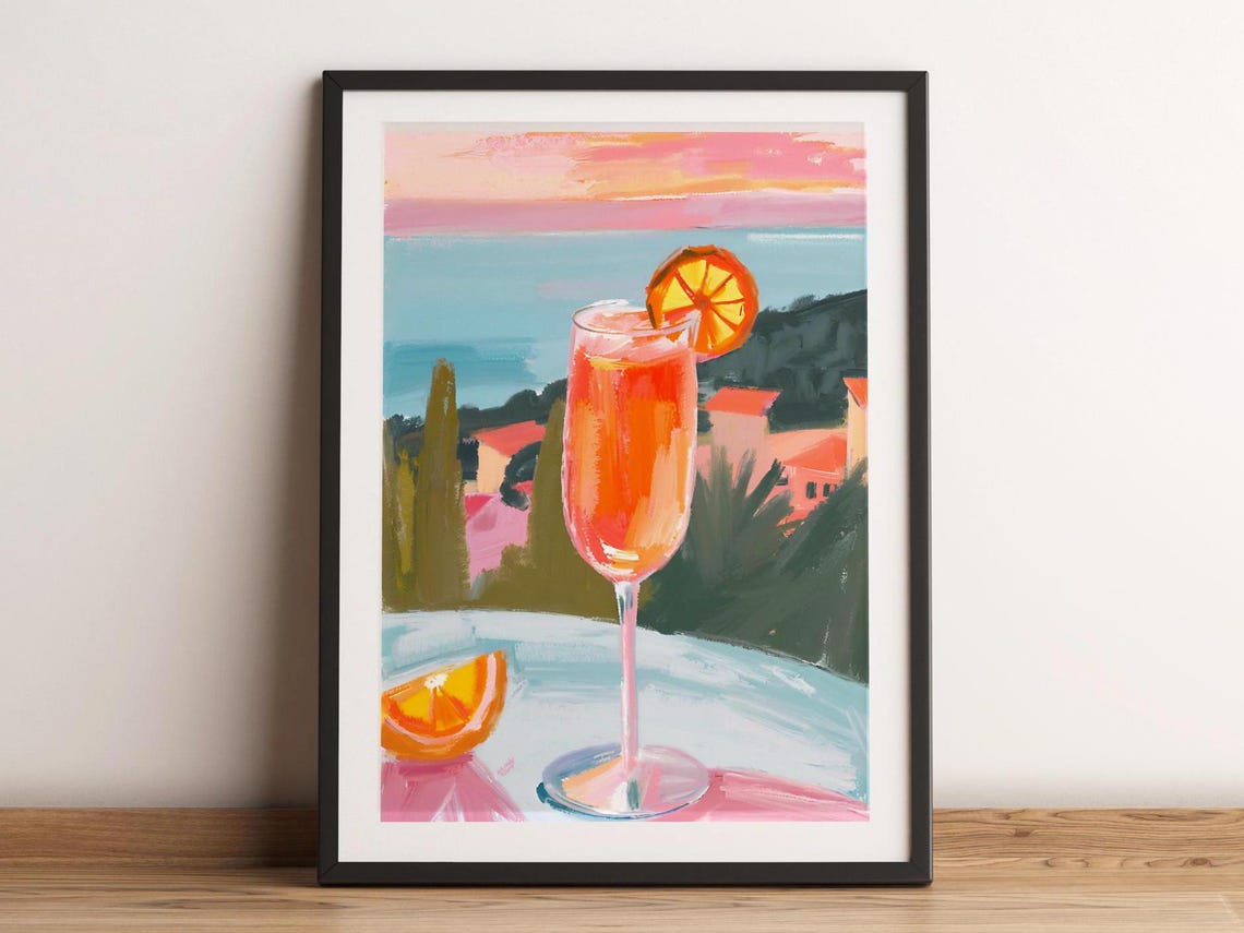 Aperol Spritz Sunset Cocktail Bar Cart Art Print Summer Wall Decor