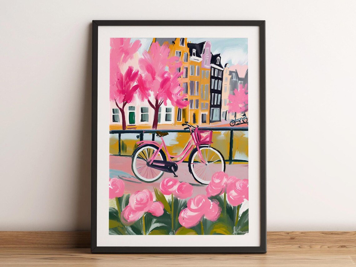 Amsterdam Canal Painting Pink Bicycle Cherry Blossoms Dutch Houses Spring Art Poster