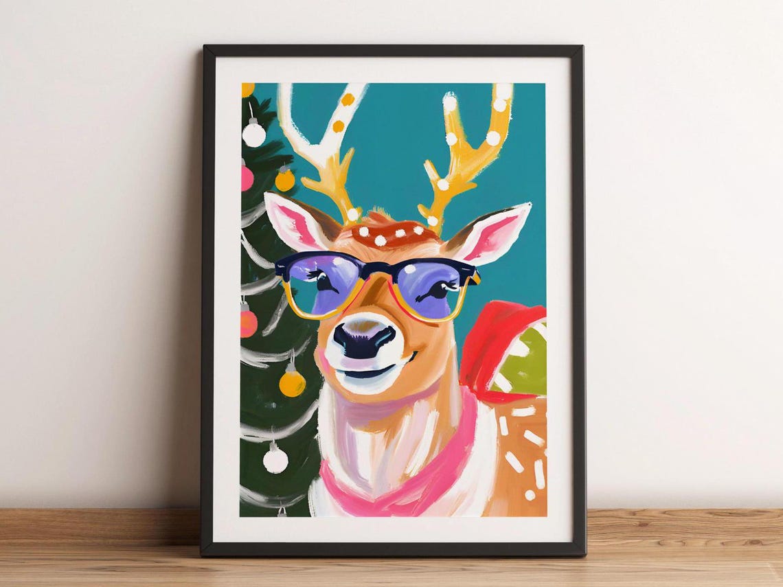 Funny Reindeer Sunglasses Teal Christmas Tree Whimsical Art Poster