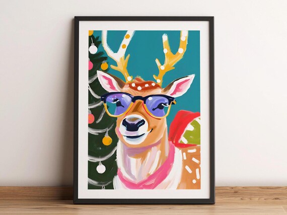 Funny Reindeer Sunglasses Teal Christmas Tree Whimsical Art Poster