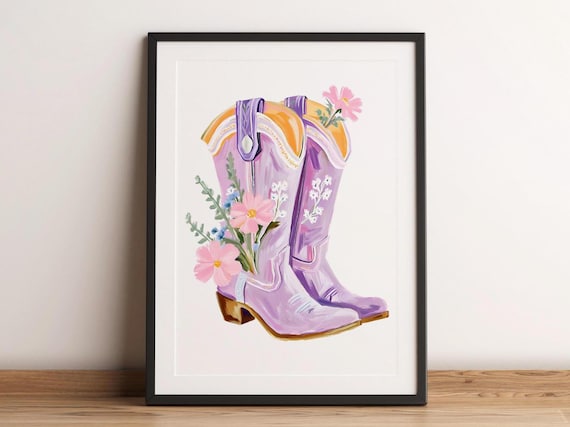 Lavender Cowboy Boots with Pink Wildflowers Western Art Poster