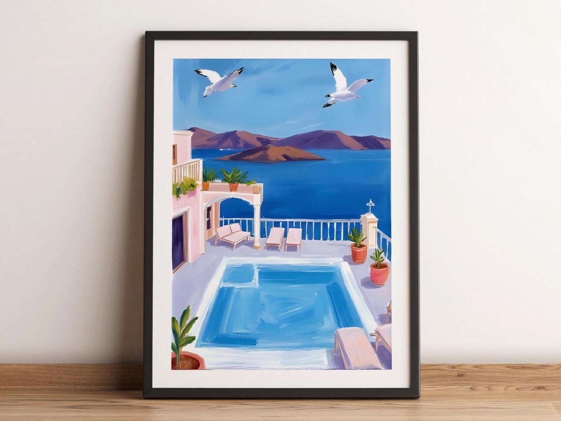 Santorini Poolside Terrace with Seagulls Summer Watercolor Poster