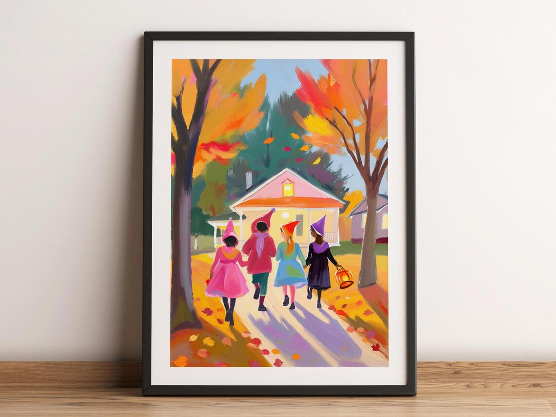 Kids Trick or Treating on Autumn Street Halloween Art Poster