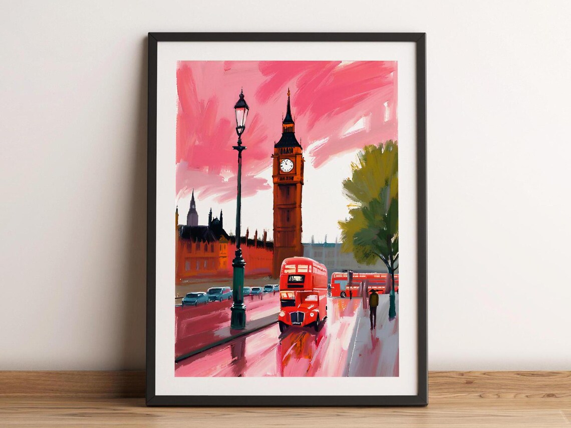London Big Ben Red Bus Watercolor Pink Sky City Travel Poster Art