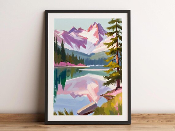 Lake Mountains Nature Print Poster, Coastal Rustic