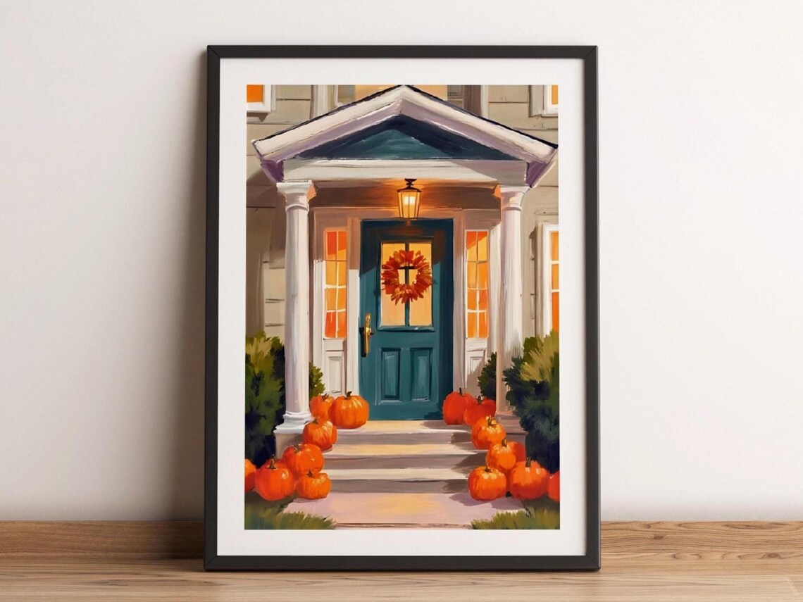 Evening Porch Pumpkins Teal Door Wreath Fall Watercolor Print Decor
