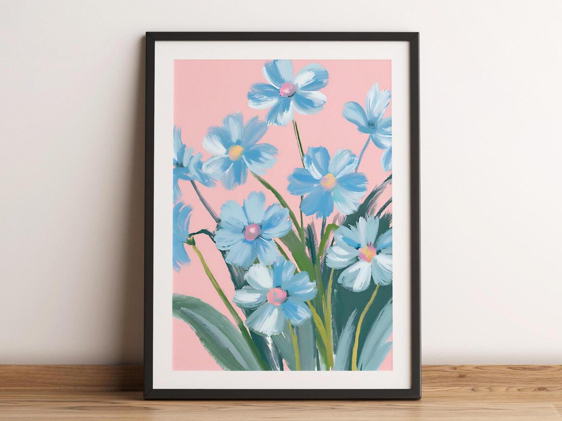 Soft Blue Flowers Floral Art Neutral Home Decor Botanical Wall Print Pink Pastel Watercolor