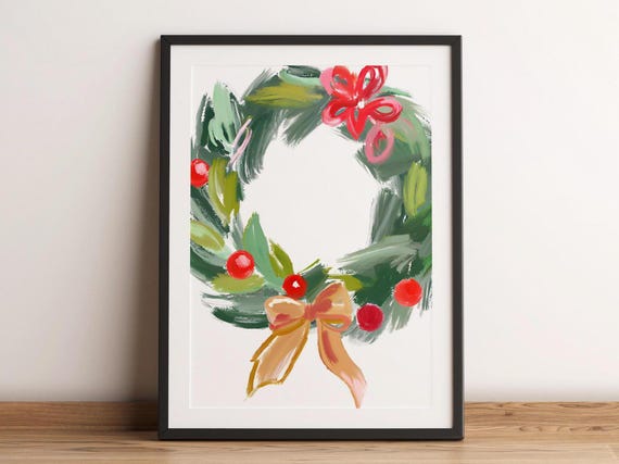 Christmas Wreath Farmhouse Wall Art Print Vintage Decor New Year Paint Holiday Minimalist Rustic