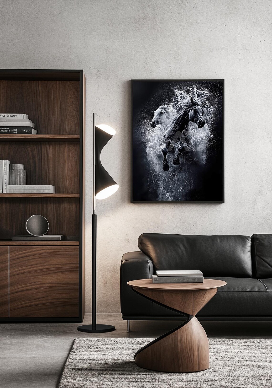 Black and White Galloping Horses Splashing Through Water Poster - Image 2