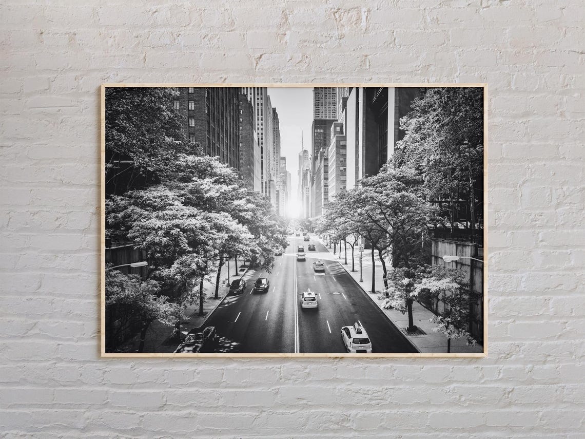 Black And White New York City Tree Lined Street Cityscape Poster