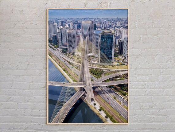 Sao Paulo Ponte Estaiada Bridge Aerial City Skyline Travel Poster