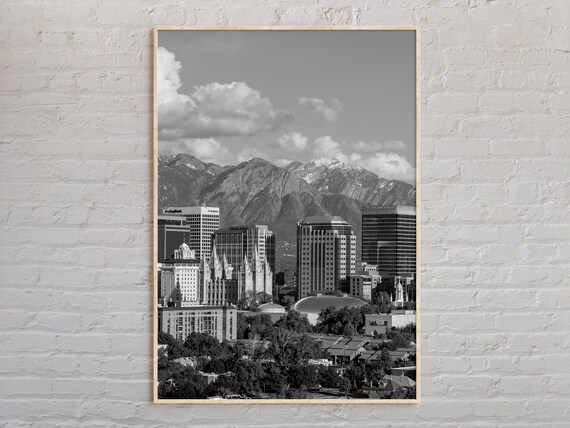 Salt Lake City Skyline Mountain Black And White Photo Poster