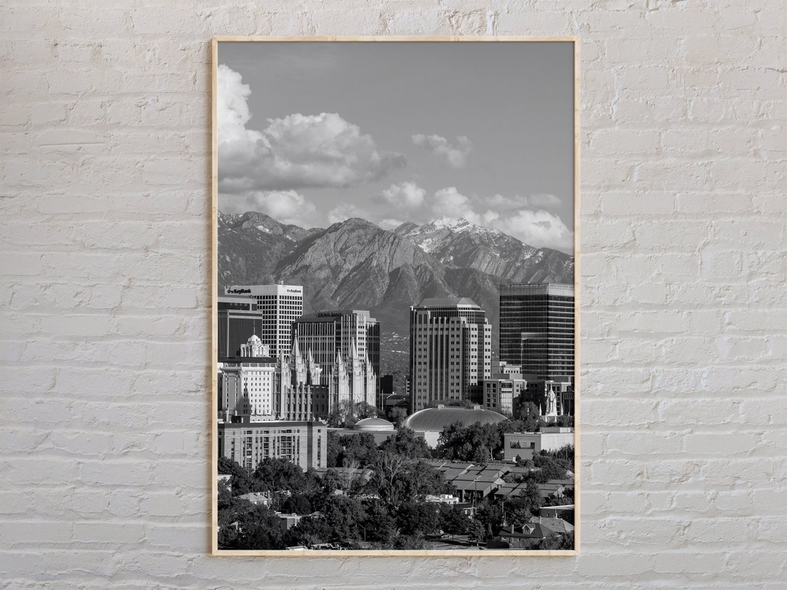 Salt Lake City Skyline Mountain Black And White Photo Poster