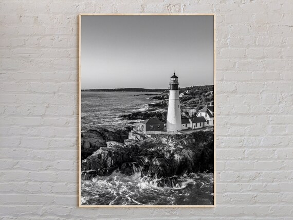 Black and White Maine Rocky Atlantic Coast Lighthouse Poster