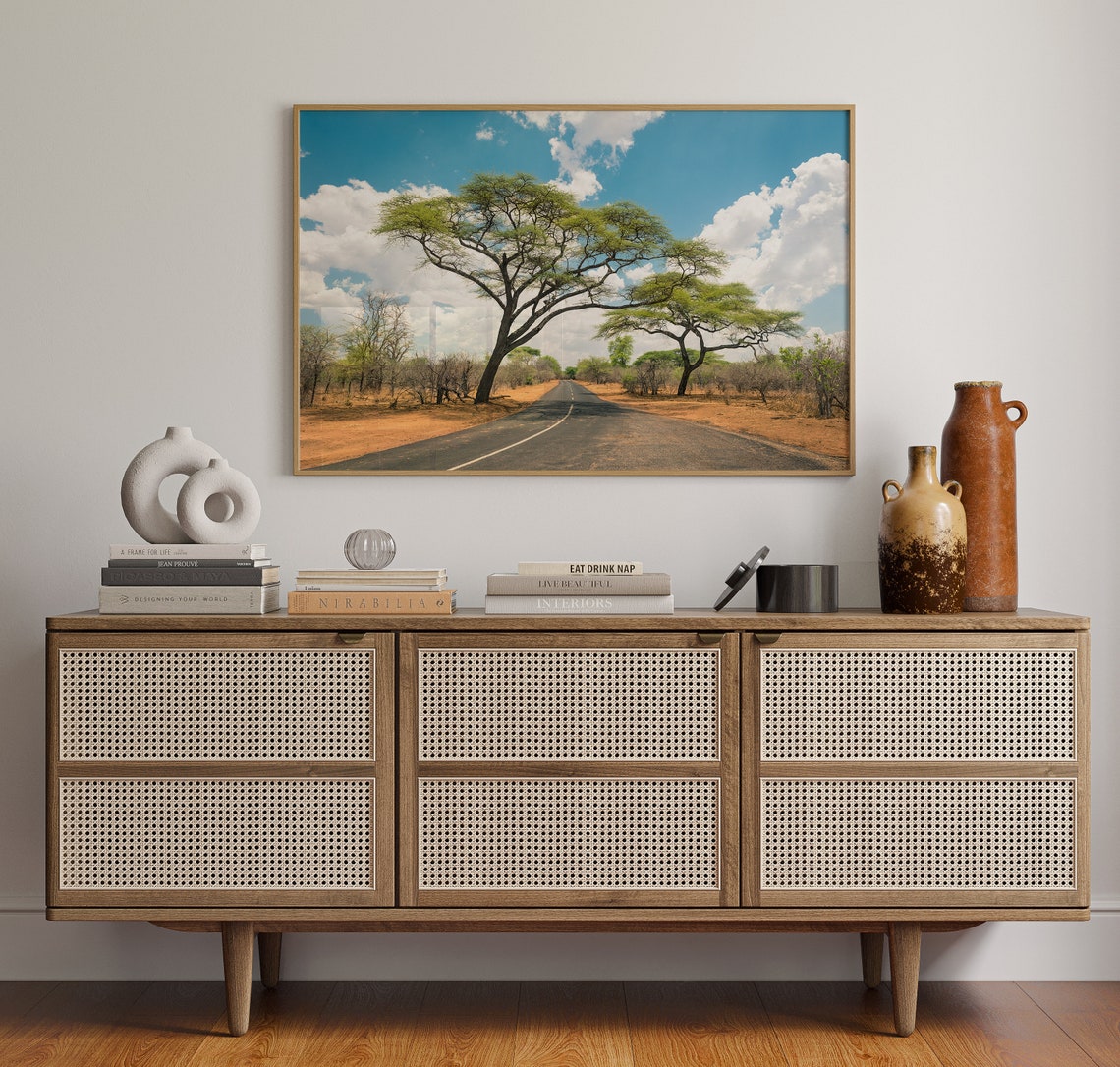 African Savanna Road Acacia Trees Dramatic Sky Landscape Photo Poster - Image 3