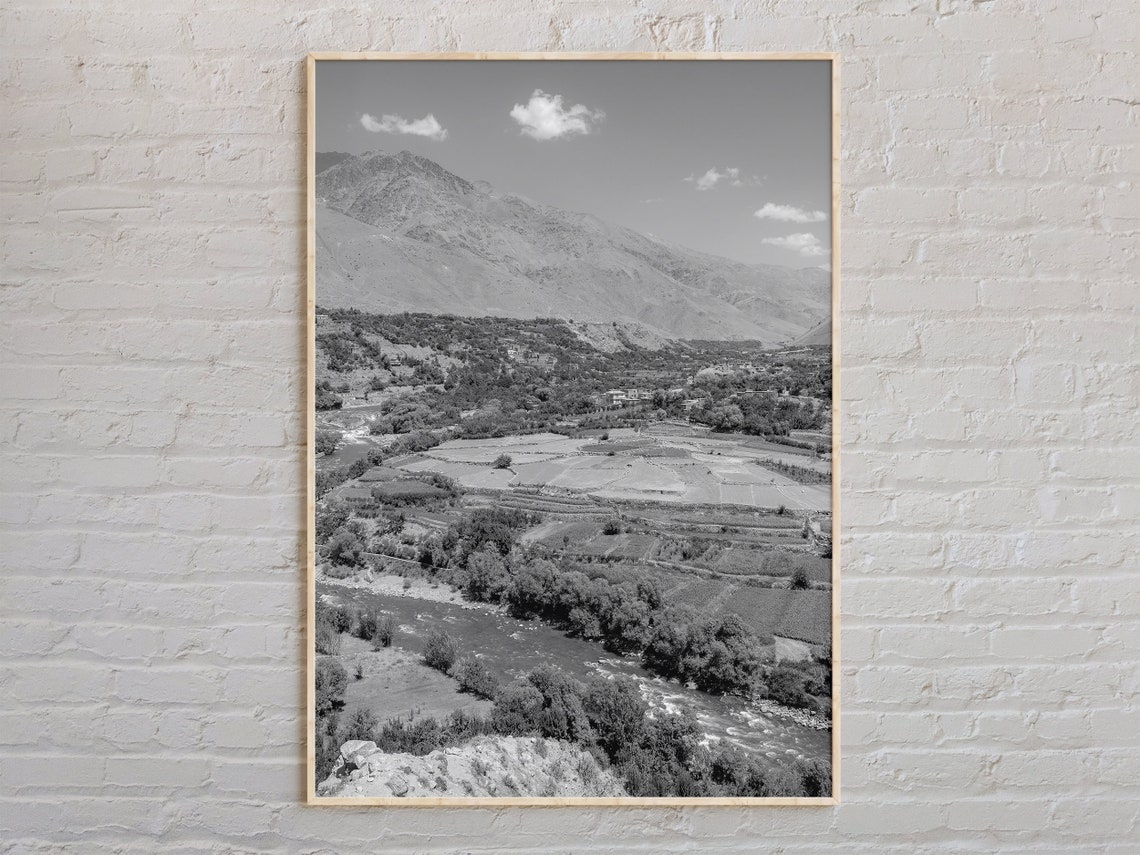 Black And White Mountain Valley River Dramatic Nature Photo Print
