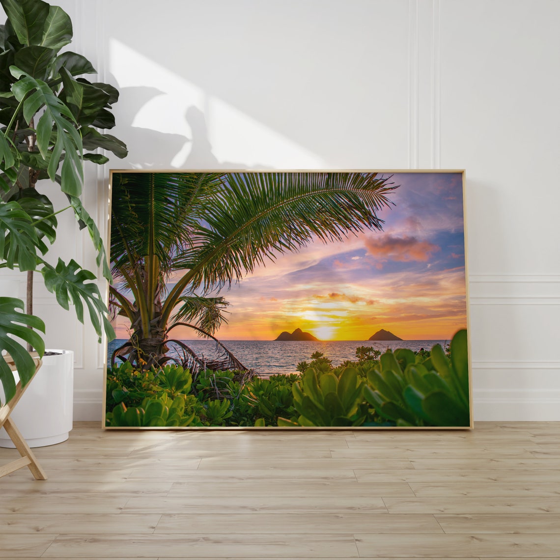 Oahu Hawaii Lanikai Sunrise Palm Tree Mokulua Islands View Poster - Image 2