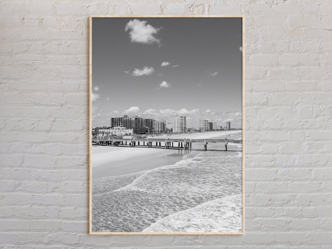 Jacksonville Beach Florida Pier Shoreline Black And White Photo Poster