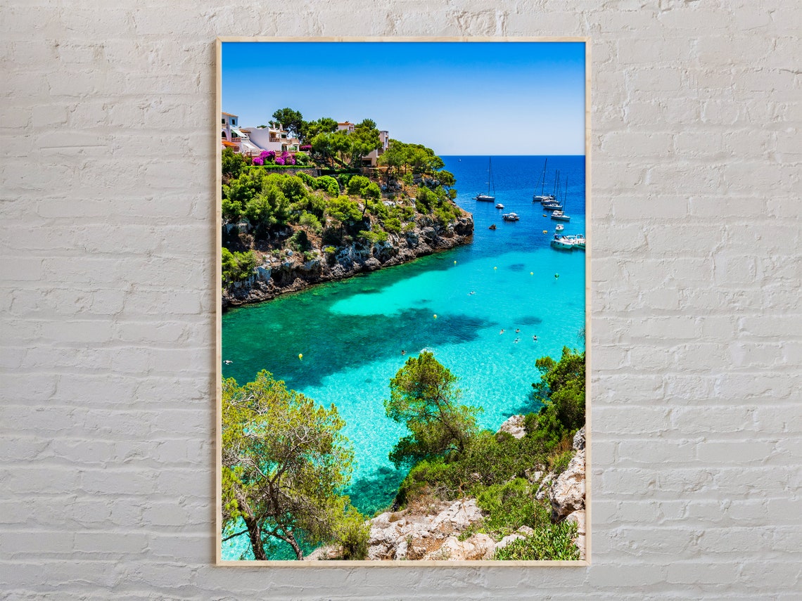 Mallorca Turquoise Cove Boats Cliffs Mediterranean Photo Poster