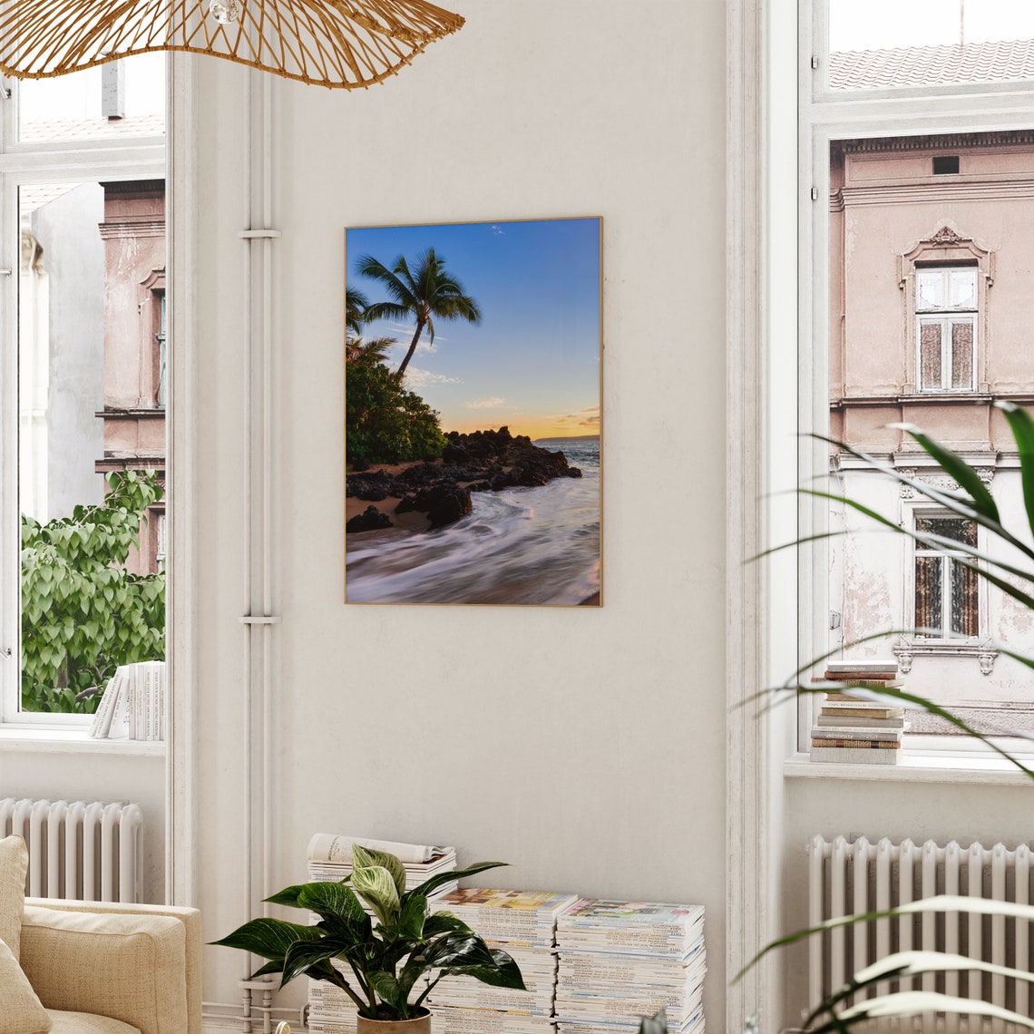 Tropical Hawaii Beach Palm Tree at Sunset over Lava Rocks Poster - Image 3