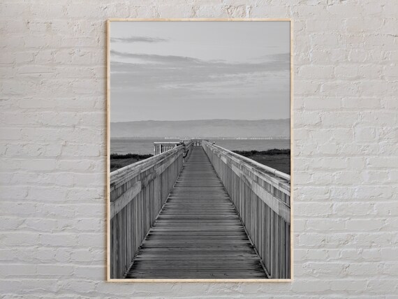 Palo Alto Wooden Boardwalk Pier Water Black White Photo Poster