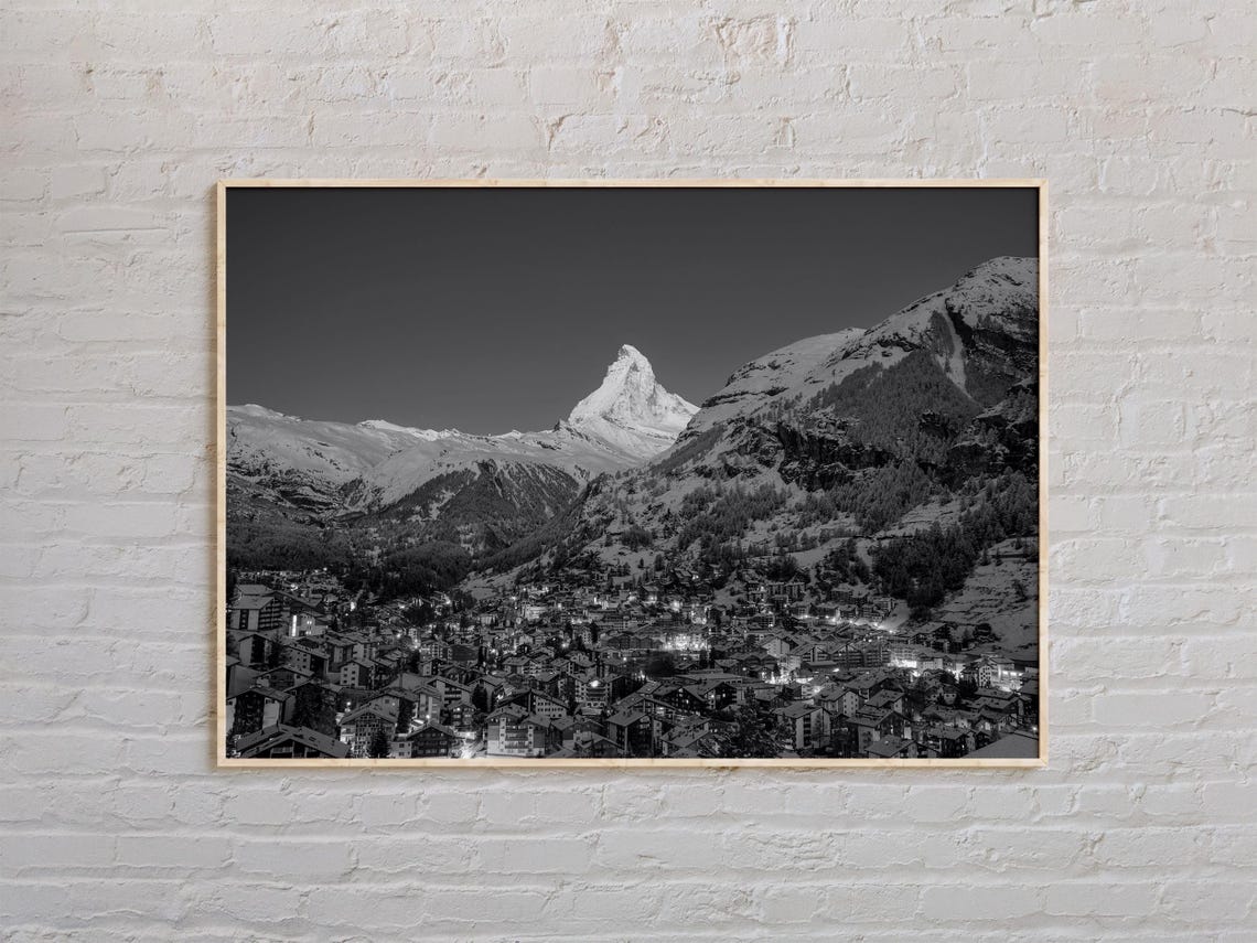 Zermatt Matterhorn Peak Black and White Night Village Alpine Poster