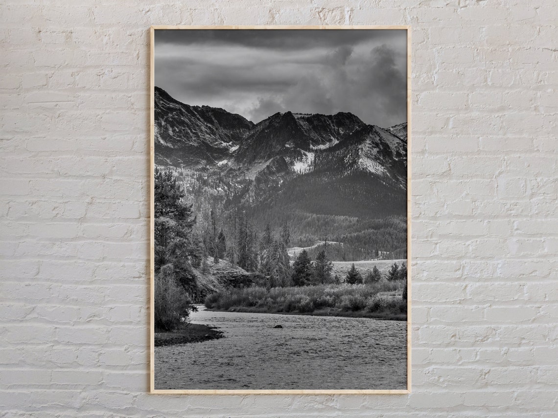 Idaho Mountain River Valley Black and White Landscape Art Poster