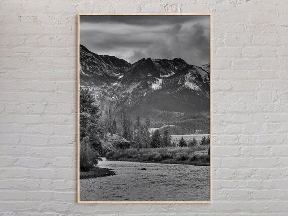 Idaho Mountain River Valley Black and White Landscape Art Poster
