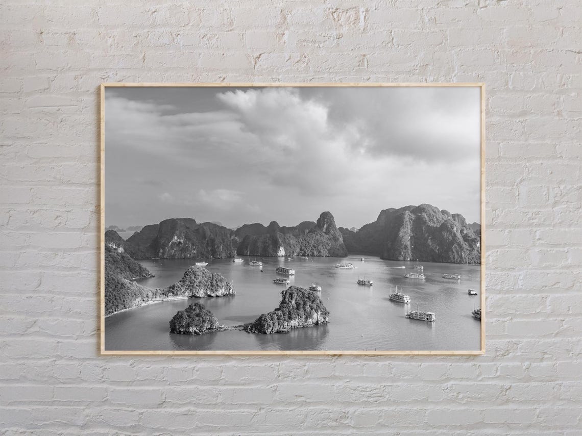 Black And White Limestone Bay With Boats Monochrome Seascape Poster