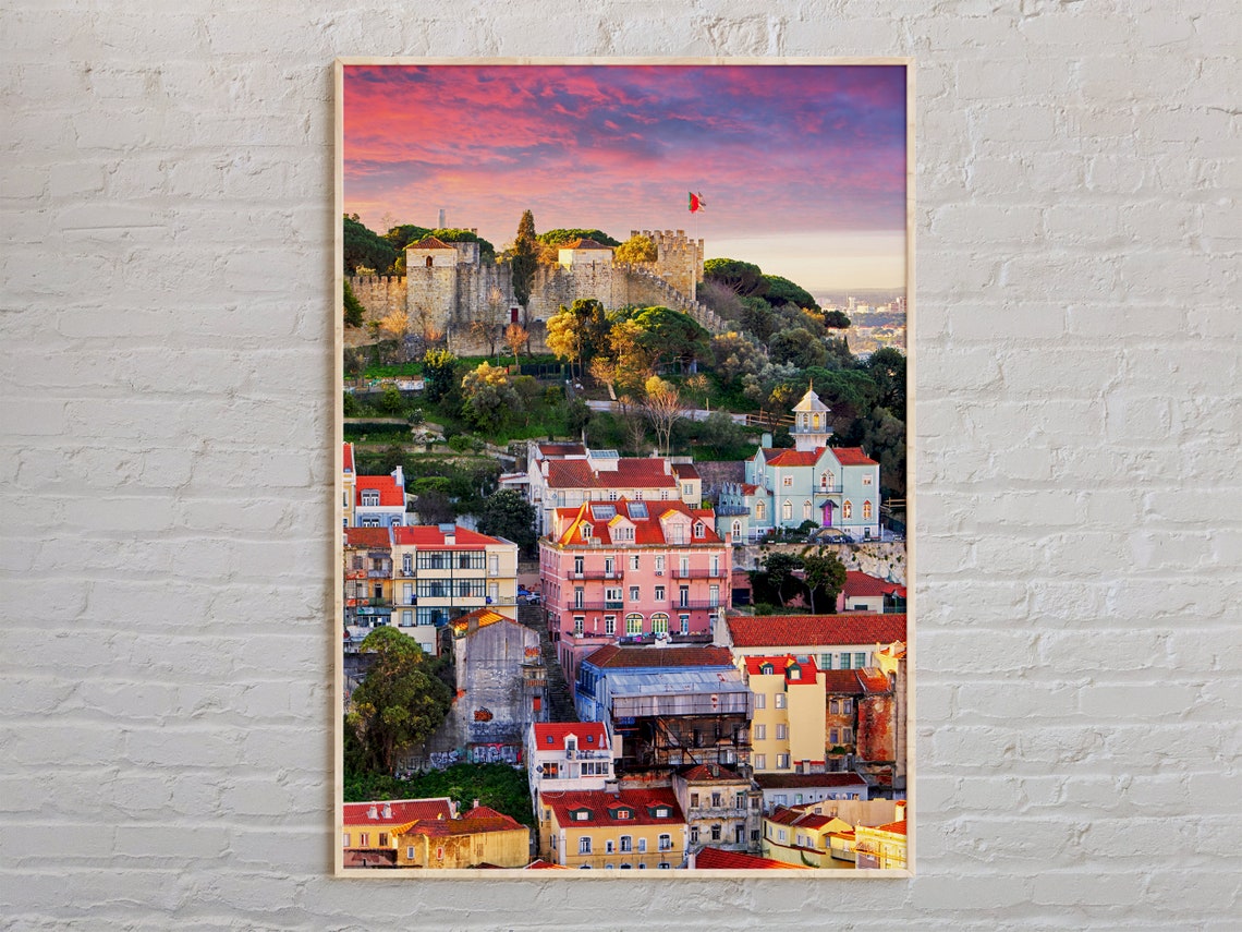 Lisbon Portugal Sao Jorge Castle over Old Town at Sunset Poster