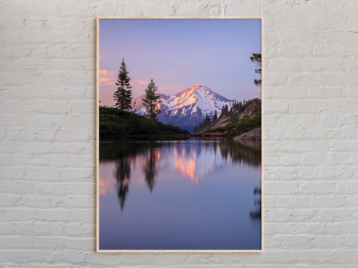 Snow Capped Mountain Lake Reflection at Sunset Nature Photo Poster