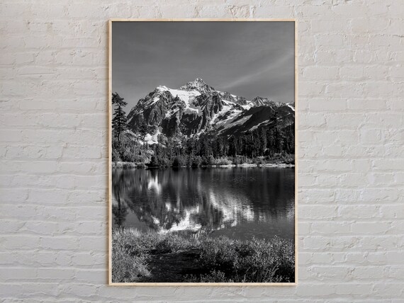 Washington Snowcapped Mountain Lake Black And White Photo Poster