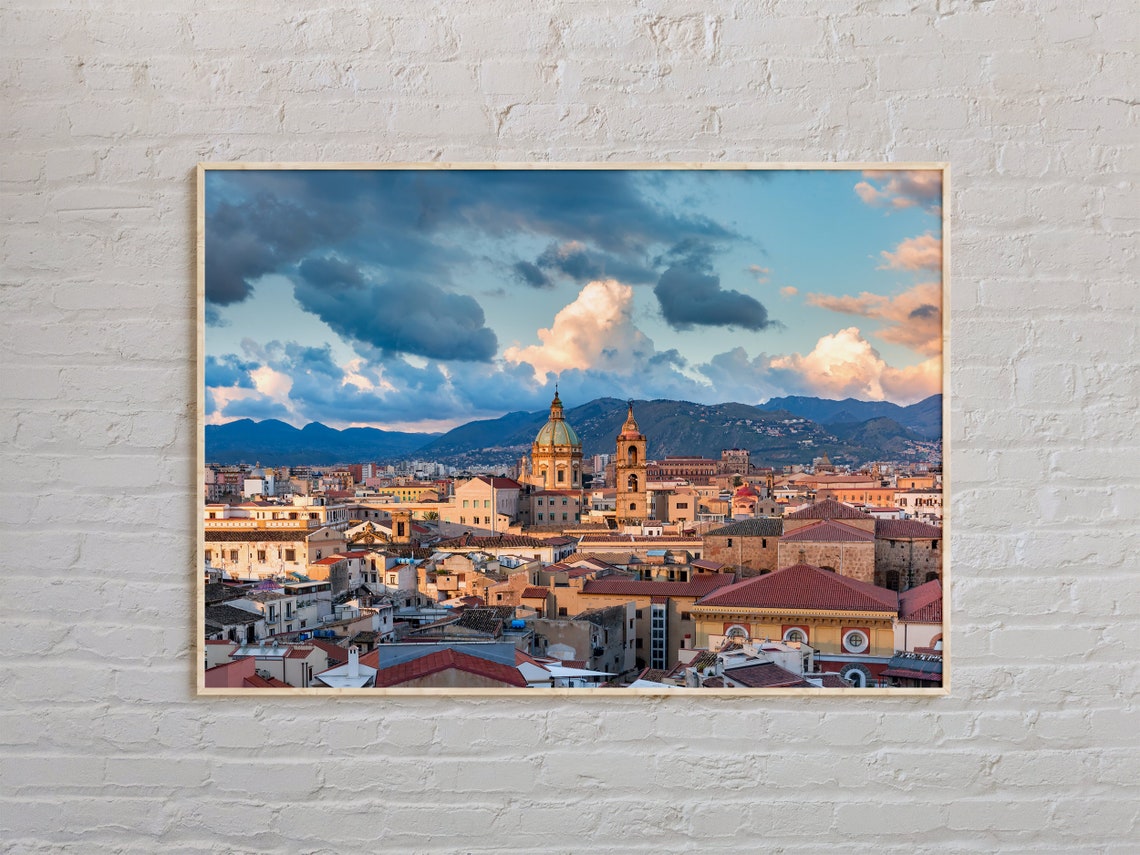 Palermo Sicily Old Town Sunset Rooftops Church Dome Mountain Poster