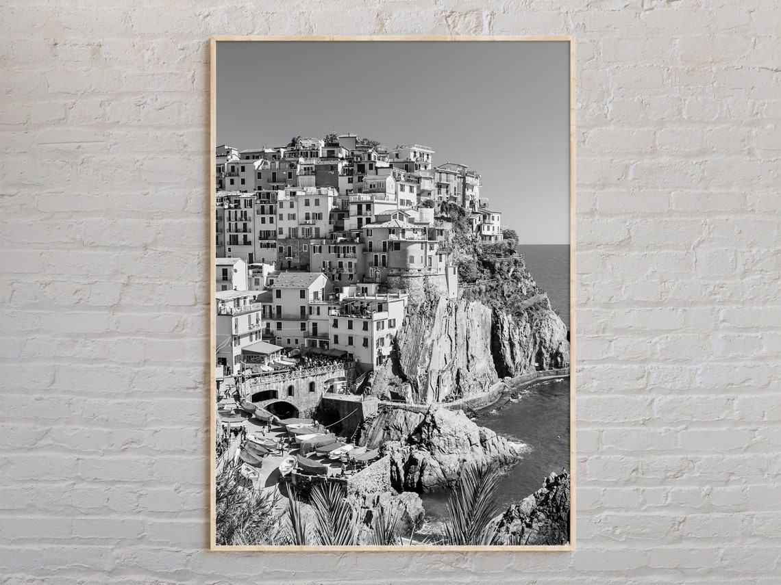 Black And White Manarola Cinque Terre Italy Cliff Village Photo Poster