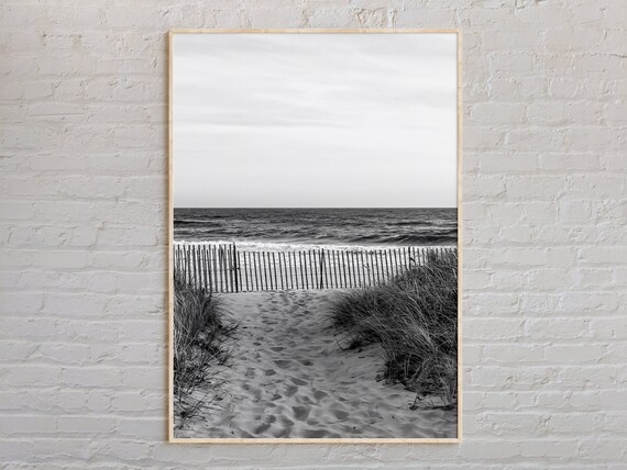The Hamptons Beach Path Dune Fence Black And White Photo Poster