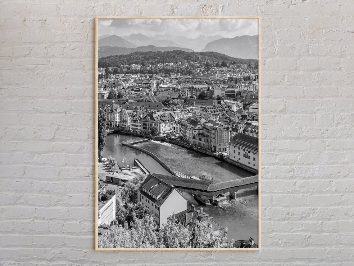 Black And White Lucerne Switzerland Chapel Bridge River Photo Poster