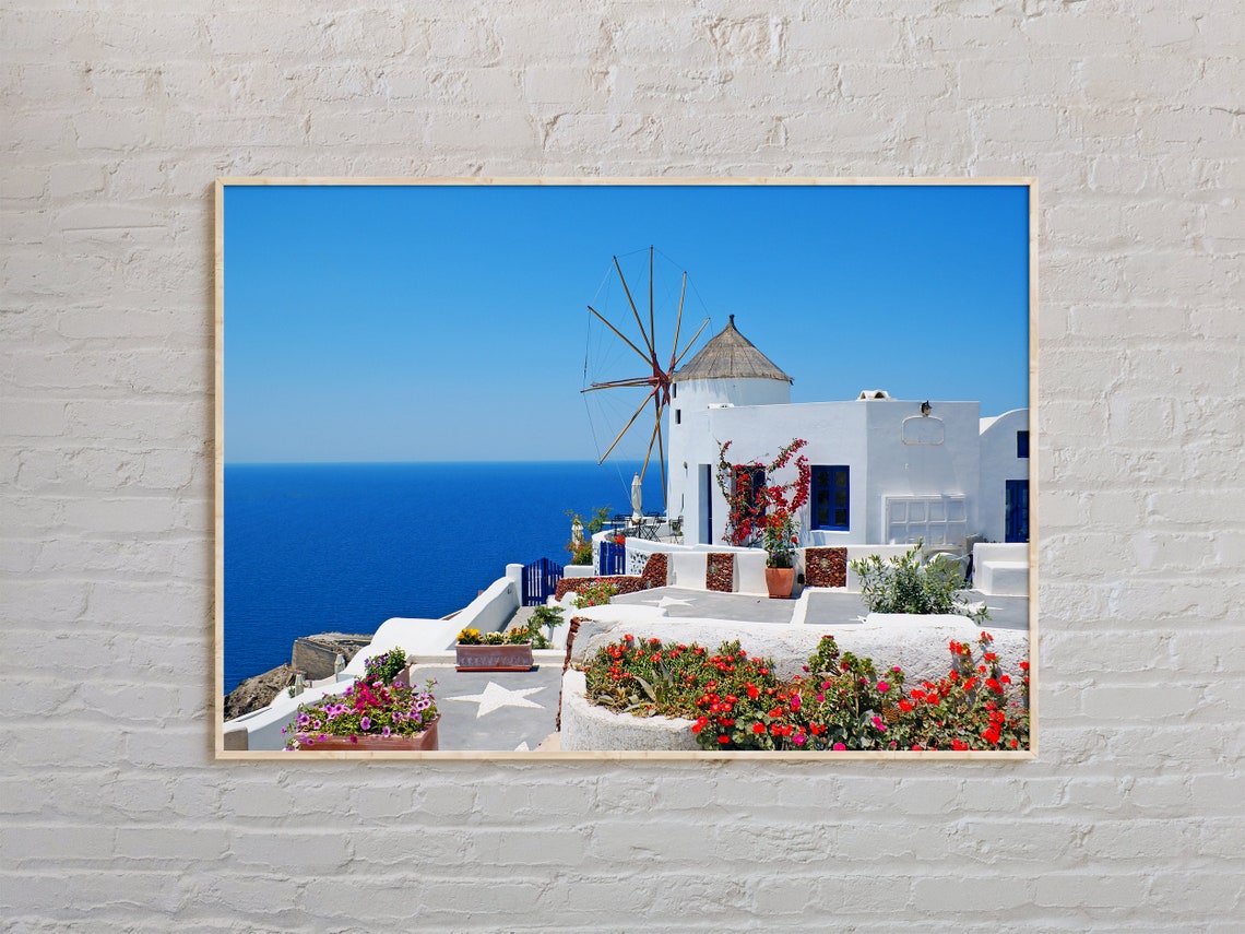Mykonos White Windmill Above Deep Blue Aegean Sea Photo Poster