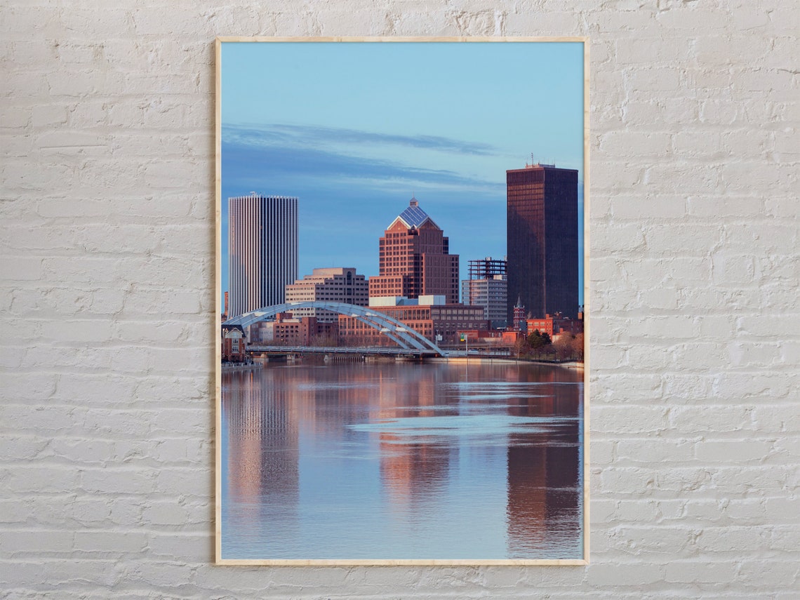 Rochester New York Skyline Bridge River Reflection Travel Poster