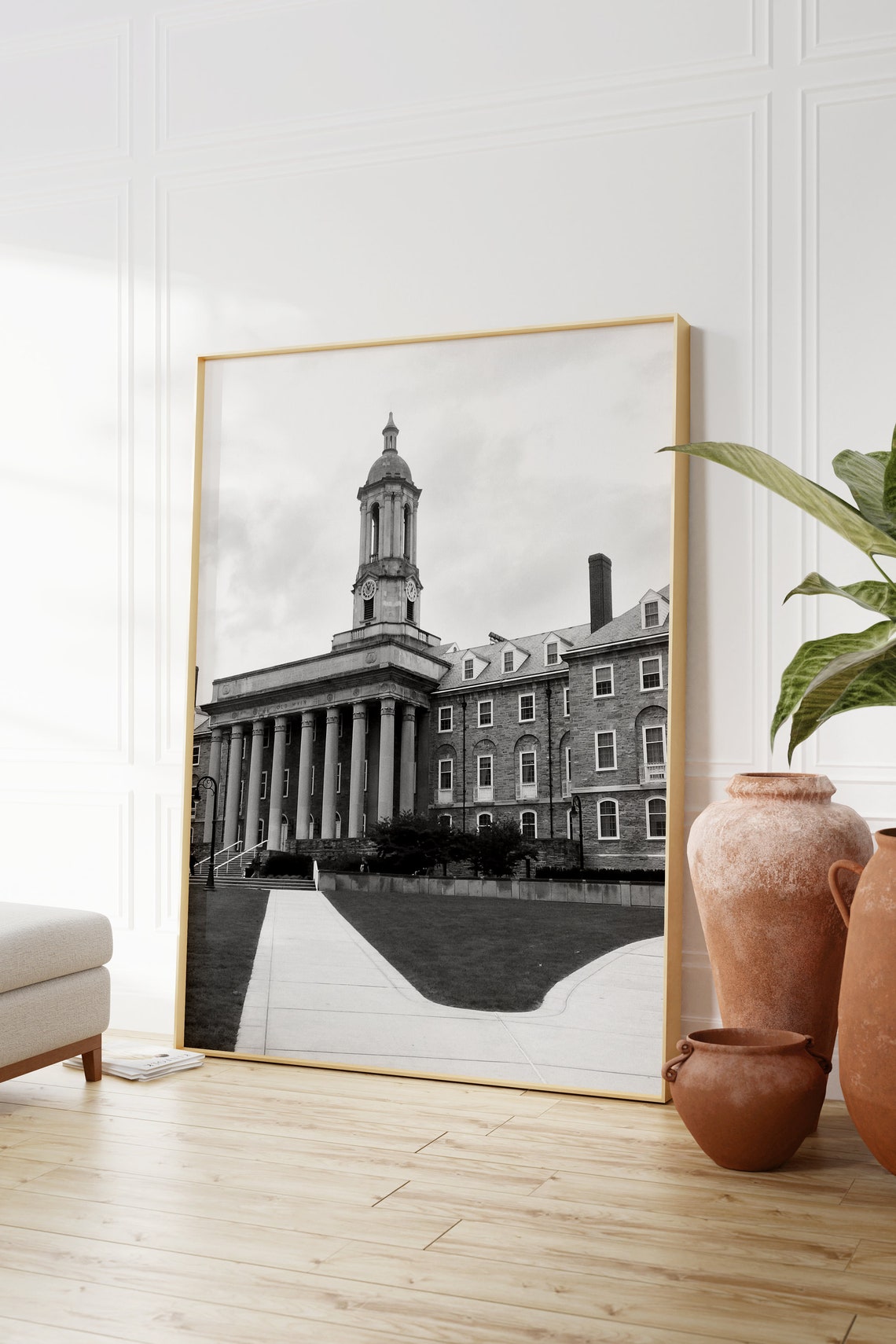 State College Old Main Columned Building Black and White Poster - Image 2