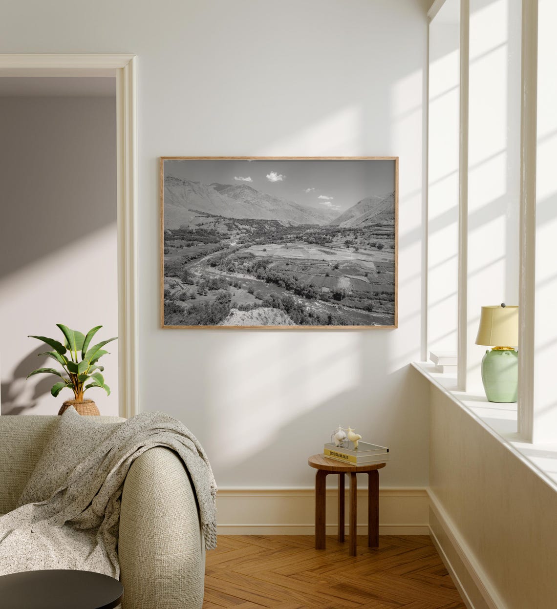 Afghanistan Mountain Valley and River Black and White Landscape Poster - Image 5