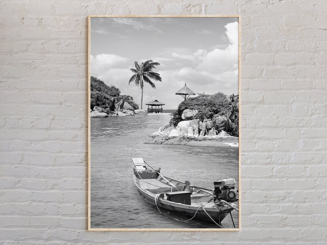 Thailand Beach Longtail Boat Black And White Photography Poster