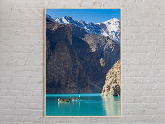 Pakistan Turquoise Mountain Lake With Boats Real Photo Poster
