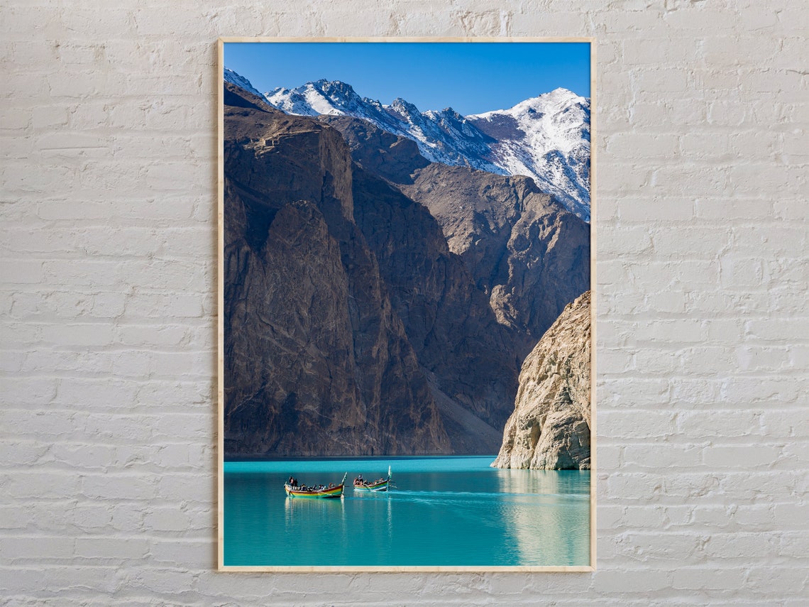 Pakistan Turquoise Mountain Lake With Boats Real Photo Poster