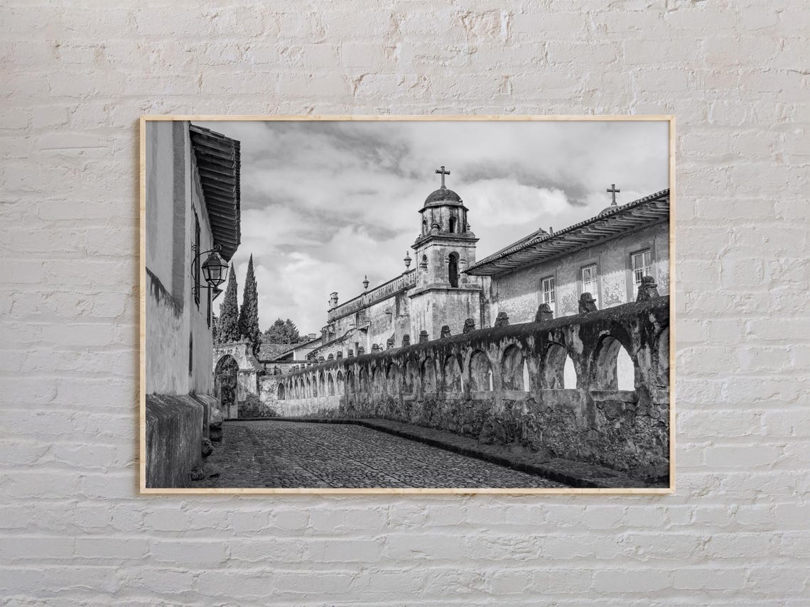 Michoacan Colonial Stone Church Street Black and White Mexico Poster