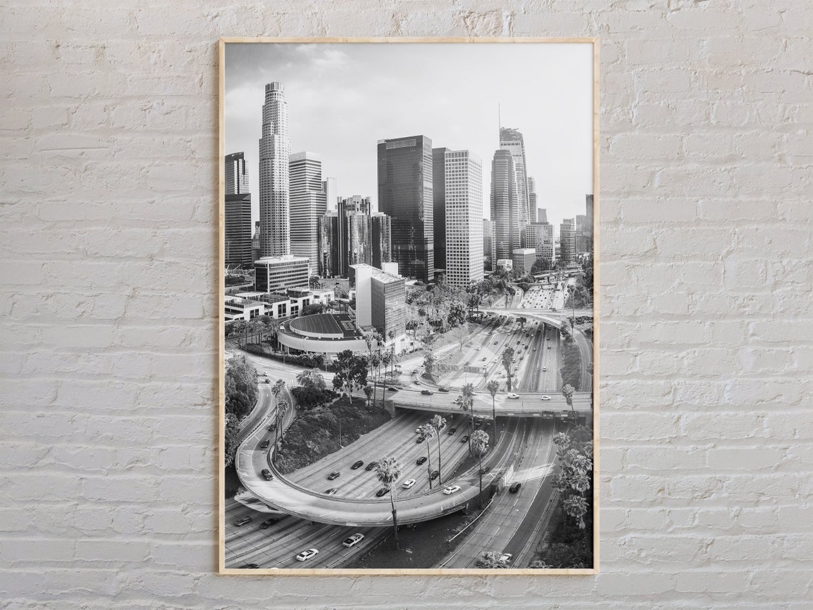 Los Angeles Downtown Skyline Freeway Black And White Photo Poster