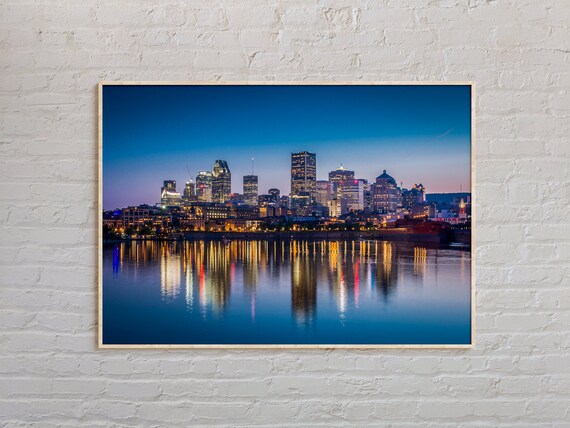 Montreal Skyline at Blue Hour Water Reflection Night Photo Poster
